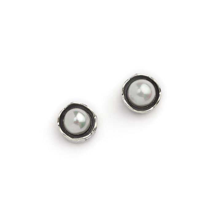 silver stud earrings, featuring lustrous white pearls set in oxidised silver for a sophisticated, contemporary finish