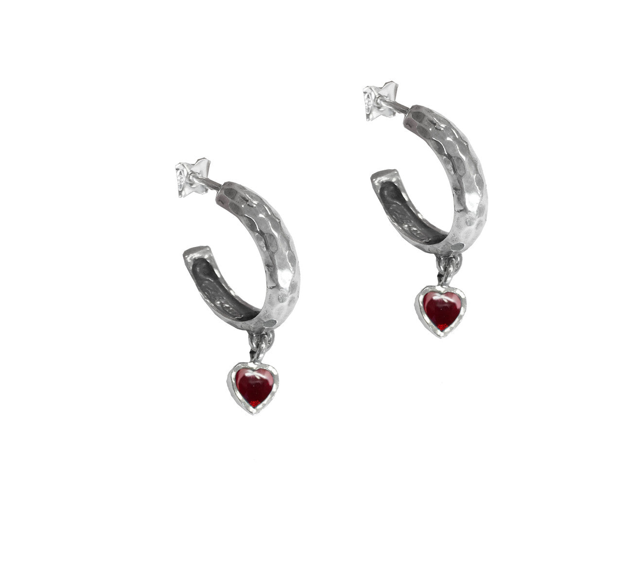 Small Textured Sterling Silver Garnet Heart Hoop Earrings