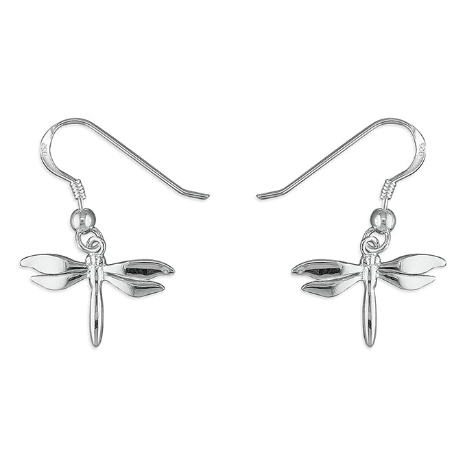 Polished Sterling Silver Dainty Dragonfly Drop Hook Earrings