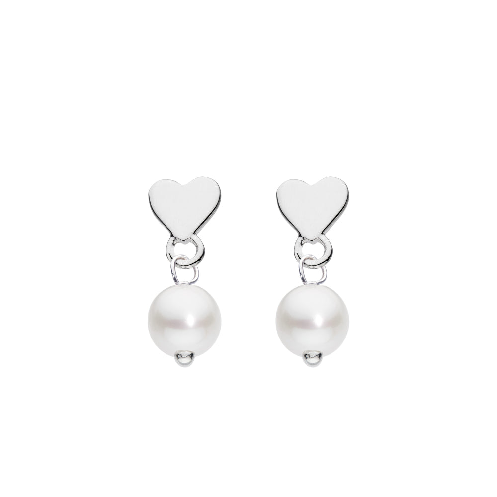 Joli Beau Sterling Silver White Round Pearl Heart Drop Post Earrings