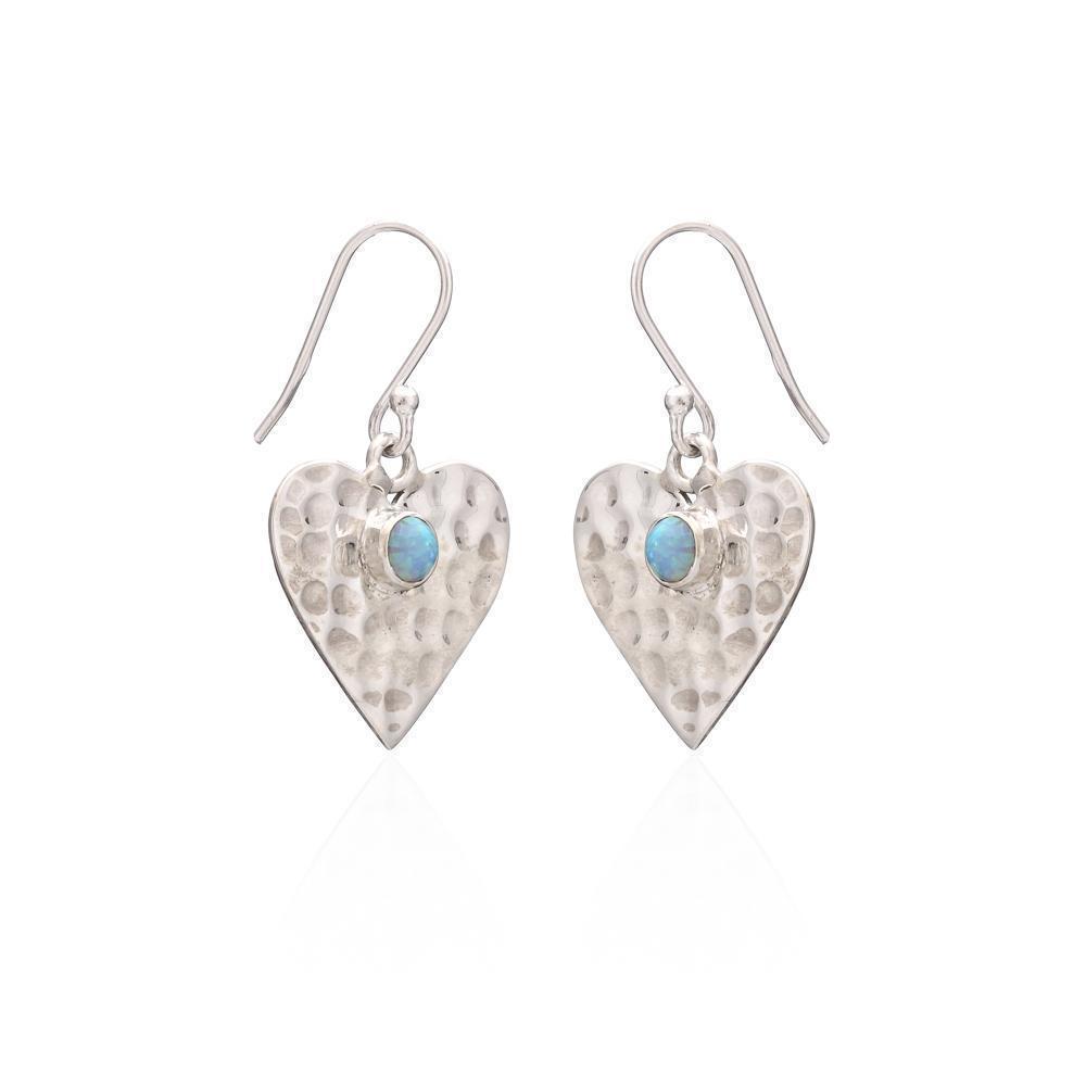 Sterling Silver Hammered Opalite Drop Heart Earrings