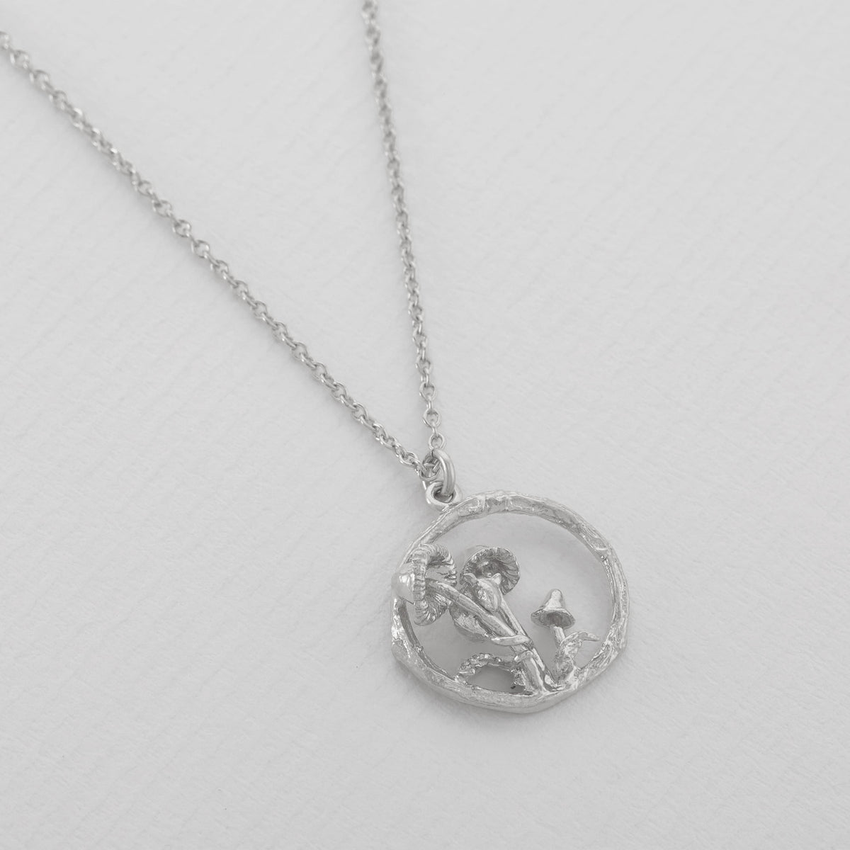 Silver necklace with a circular pendant on a light gray background