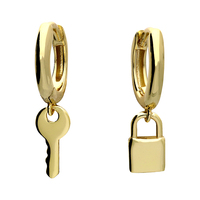 Joli Beau Gold Plated Silver Asymmetric Key & Padlock Charm On Hinged Huggie-Hoop