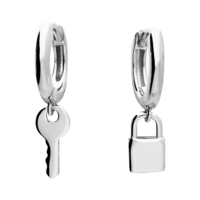 Joli Beau Silver Asymmetric Key & Padlock Charm On Hinged Huggie-Hoop