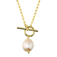 Joli Beau Freshwater Baroque Pearl On Silver Gold Plated T-Bar Chain
