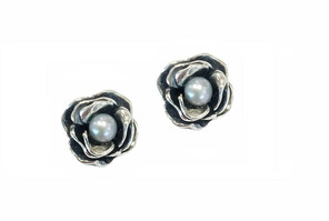 Joli Beau Silver Rose & Pearl Stud Earrings