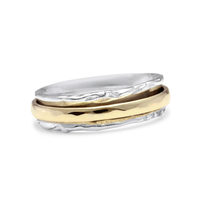 Joli Beau Silver Multi Textured Spinner Ring Set With One Gold Brass Band