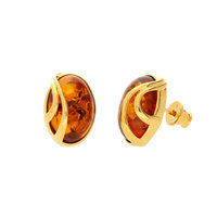 Joli Beau Silver Gold Plated Large Oval Baltic Cognac Amber Stud Earrings