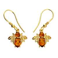 Joli Beau Silver Gold Plated Baltic Cognac Amber Pretty Flying Bee Hook Drop Earrings