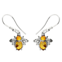 Joli Beau Silver Baltic Cognac Amber Pretty Flying Bee Hook Drop Earrings
