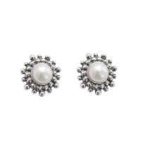 Joli Beau Silver Flower Pearl Stud Earrings