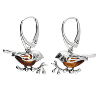 Joli Beau Silver Cognac Baltic Amber Robin On A Branch With Hinged Hook-Through Fitting