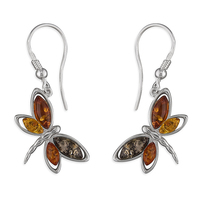 Joli Beau Silver Mixed Amber Dragonfly Hook Drop Earrings