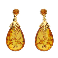 Joli Beau Silver Gold Plate Cognac Amber Drop Earrings