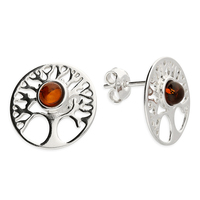 Joli Beau Round Silver Cognac Amber 'Tree Of Life' Stud Earrings