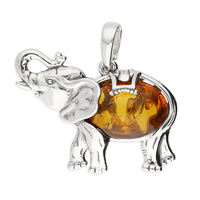 Joli Beau Silver Cognac Amber Elephant Pendant Necklace
