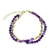 Joli Beau Yellow Gold-Plated, Double Row Seed Chain & Natural Amethyst Stone Bracelet