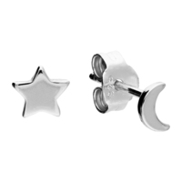 Joli Beau Silver Mini Star & Crescent Asymmetric Moon Studs