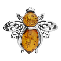 Joli Beau Baltic Amber Bee In Flight Silver Pin Brooch