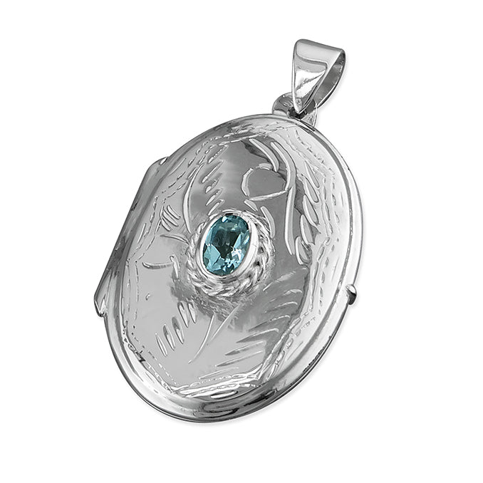 Sterling Silver Engraved Blue Topaz Large Oval Locket