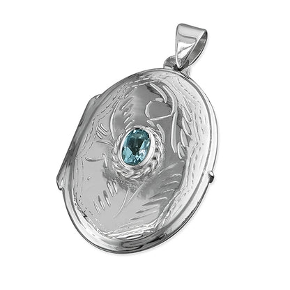 Sterling Silver Engraved Blue Topaz Large Oval Locket