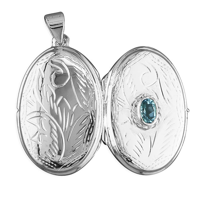 Sterling Silver Engraved Blue Topaz Large Oval Locket