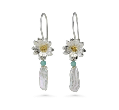 Sterling Silver Daisy Flower & Pearl Drop Earring