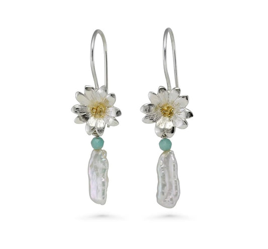 Sterling Silver Daisy Flower & Pearl Drop Earring