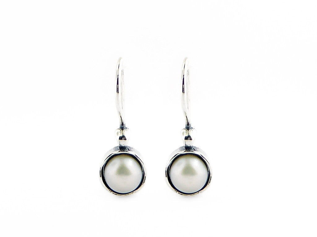 Sterling Silver Round Fresh Water White Pearl Hook Earrings