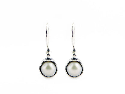 Sterling Silver Round Fresh Water White Pearl Hook Earrings
