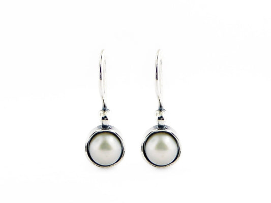 Sterling Silver Round Fresh Water White Pearl Hook Earrings