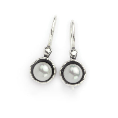Sterling Silver Round Fresh Water White Pearl Hook Earrings