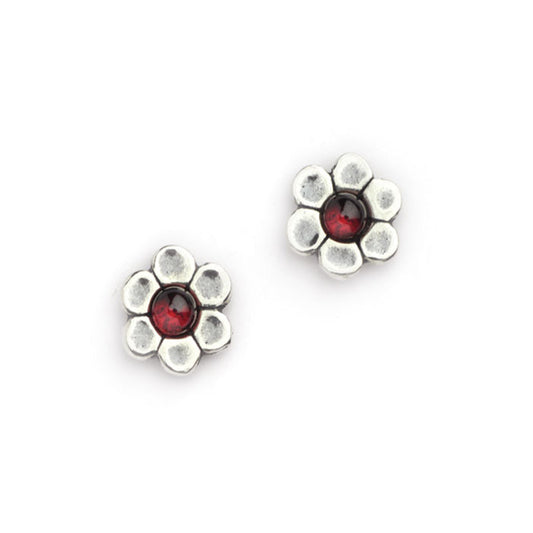 Small Sterling Silver Daisy Flower Garnet Stud Earrings