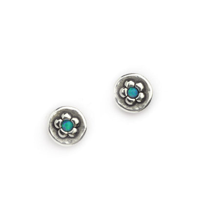 Sterling Silver Oxidised Small Round Daisy & Opalite Stud Earrings