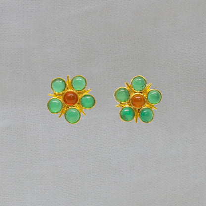 Sterling Silver 18ct Yellow Gold Vermeil Green Onyx & Cornelian Flower Stud Earrings