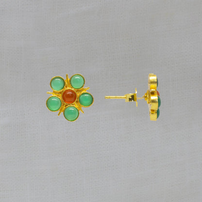 Joli Beau Sterling Silver 18ct Yellow Gold Vermeil Gem Stone Green Onyx & Cornelian Flower Stud Earrings