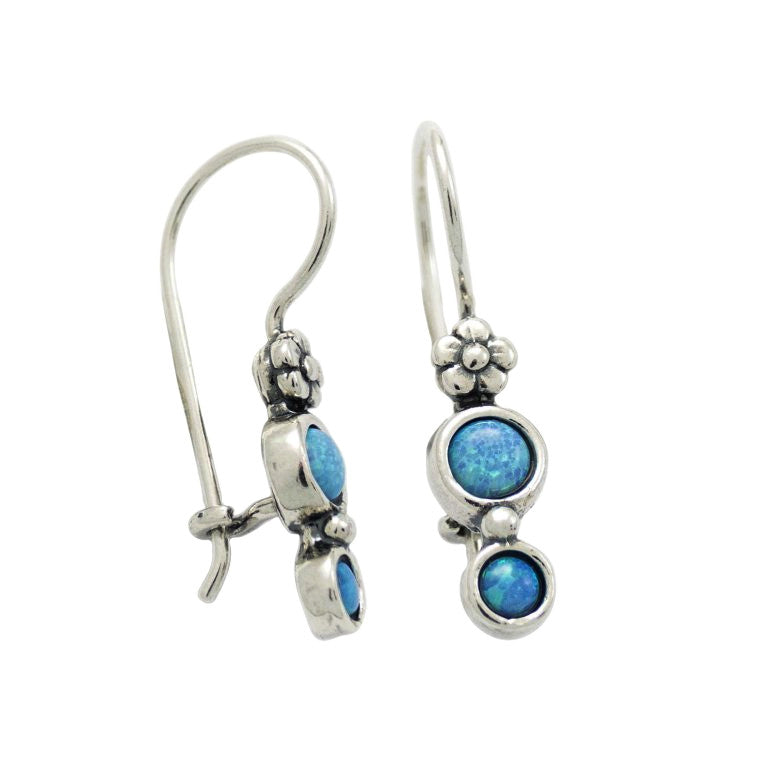 Lighty Oxidised Sterling Silver Detailed Flower & Round Opalite French Hook Drop Earrings
