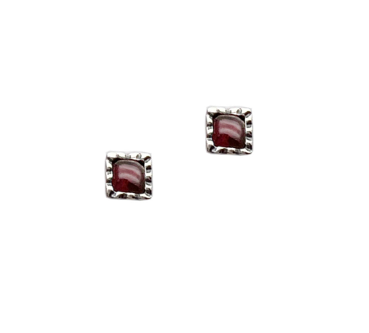 Sterling Silver Lightly Oxidised Small Square Garnet Stud Earrings