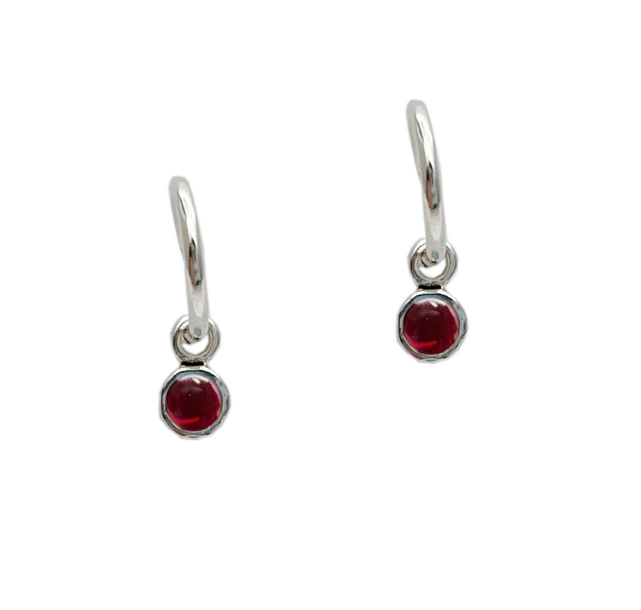 Textured Sterling Silver Round Garnet Small Hoop Earrings