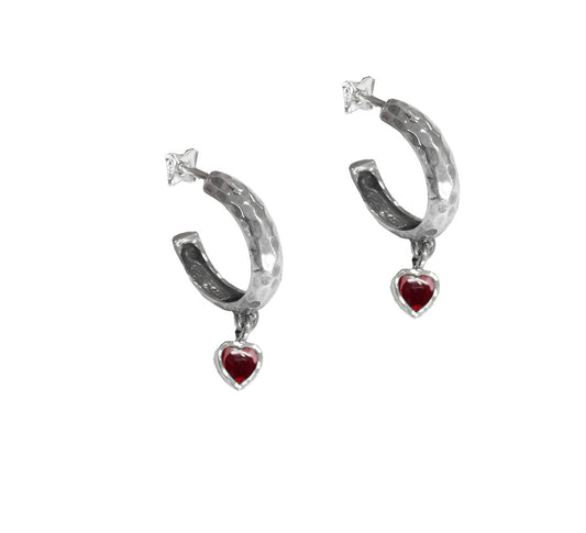 Small Textured Sterling Silver Garnet Heart Hoop Earrings