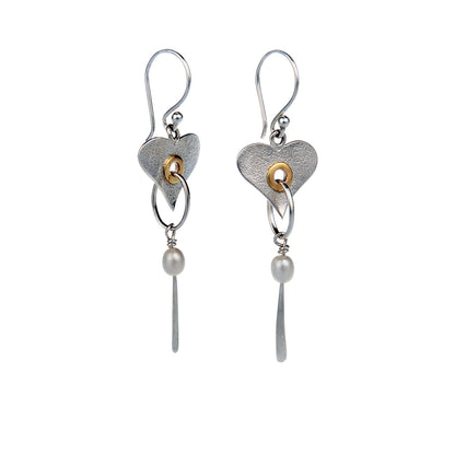 Sterling Silver Handmade Pearl Heart Drop Earring With 18 carat Vermeil Detail