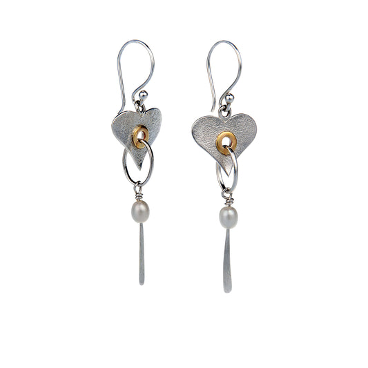 Sterling Silver Handmade Pearl Heart Drop Earring With 18 carat Vermeil Detail