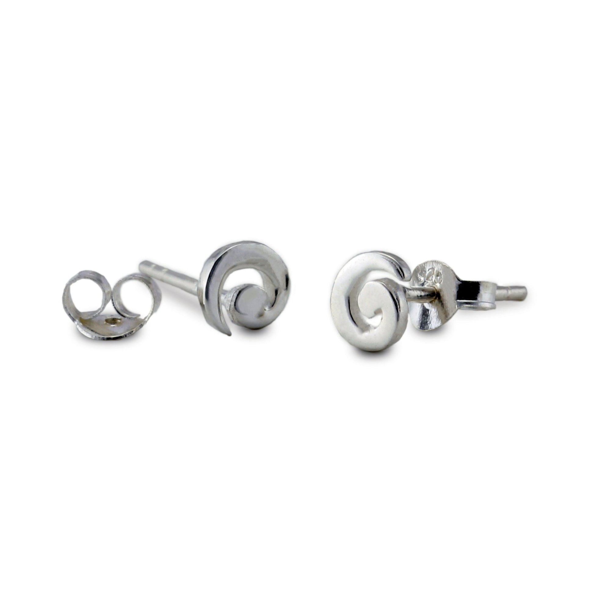 Pair of silver spiral earrings on a white background