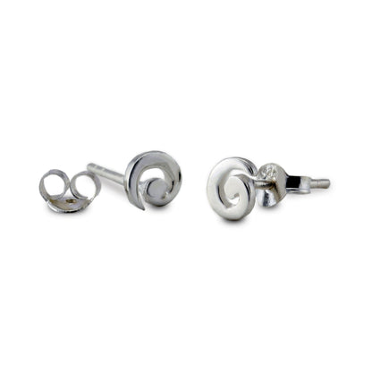 Pair of silver spiral earrings on a white background