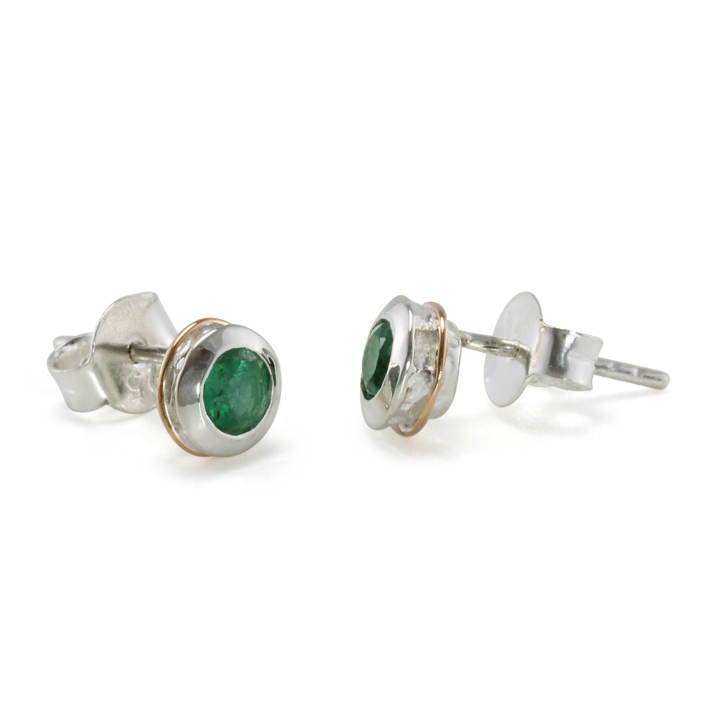 Sterling Silver Emerald Stud Earrings With 14 carat Gold Detail