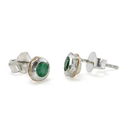Sterling Silver Emerald Stud Earrings With 14 carat Gold Detail