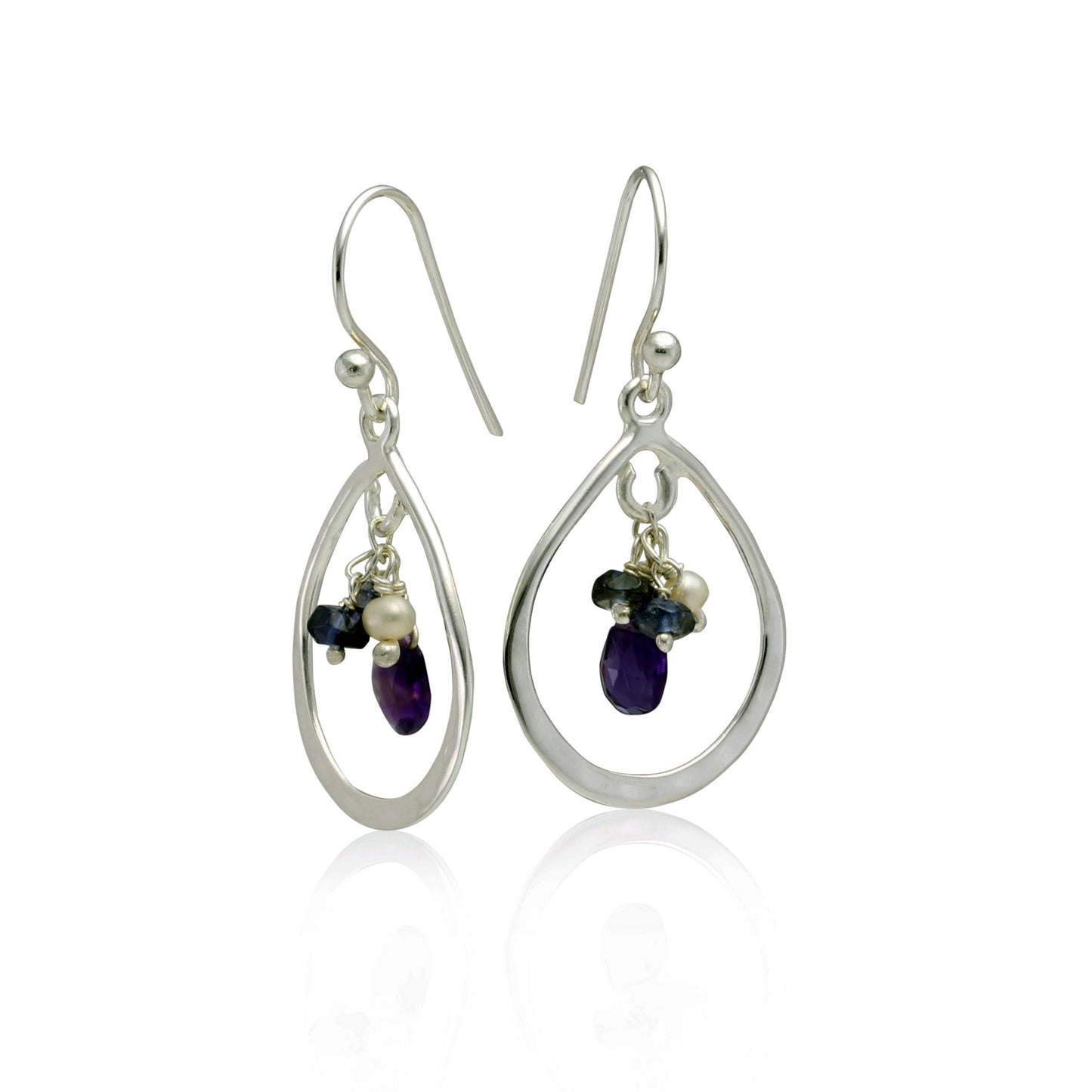 Sterling Silver Hammered Hoops & Dangling Faceted Amethyst, Iolite & Pearl Earrings