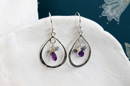 Sterling Silver Hammered Hoops & Dangling Faceted Amethyst, Iolite & Pearl Earrings