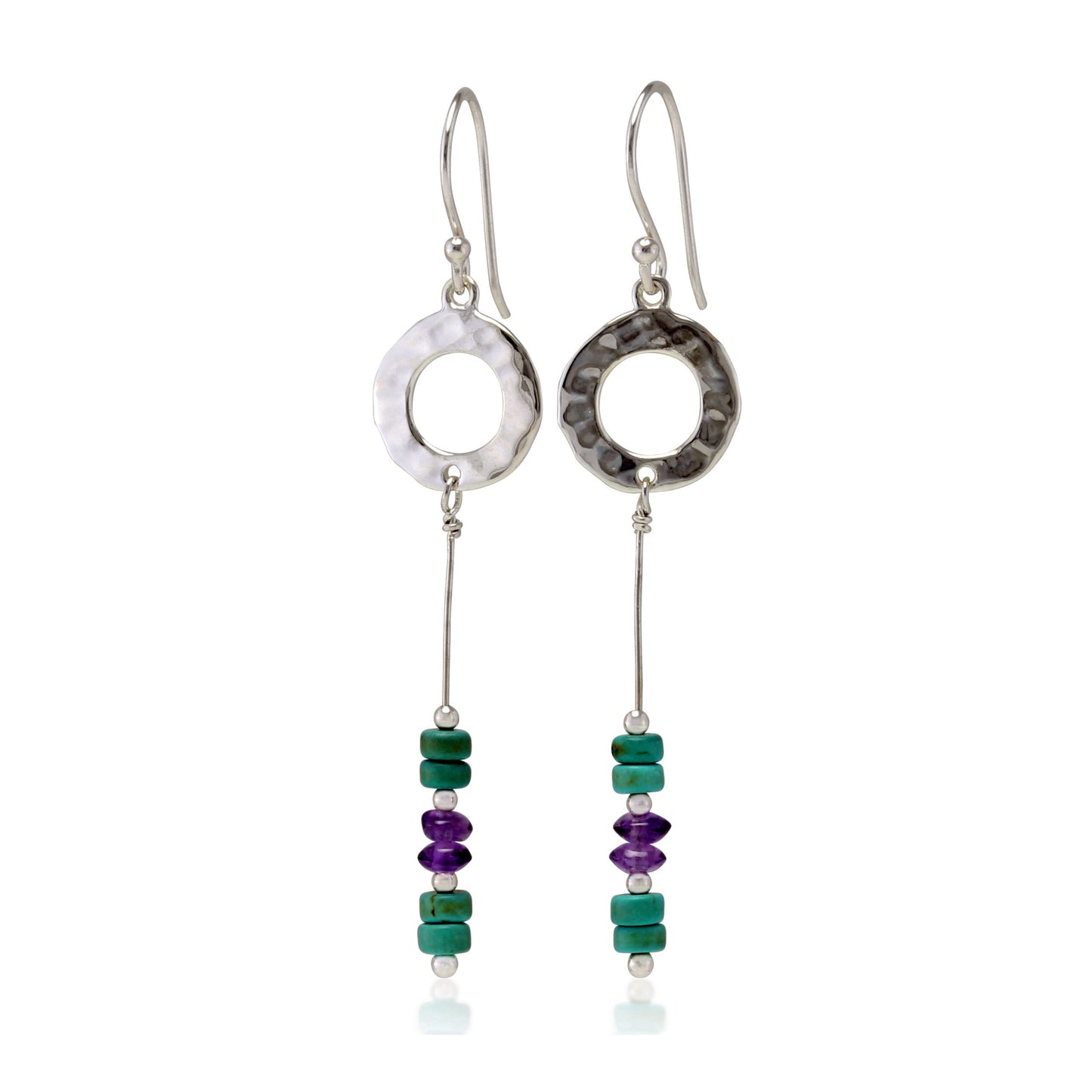 Hammered Circle Drop Earrings Turquoise & Amethyst Drop Earrings