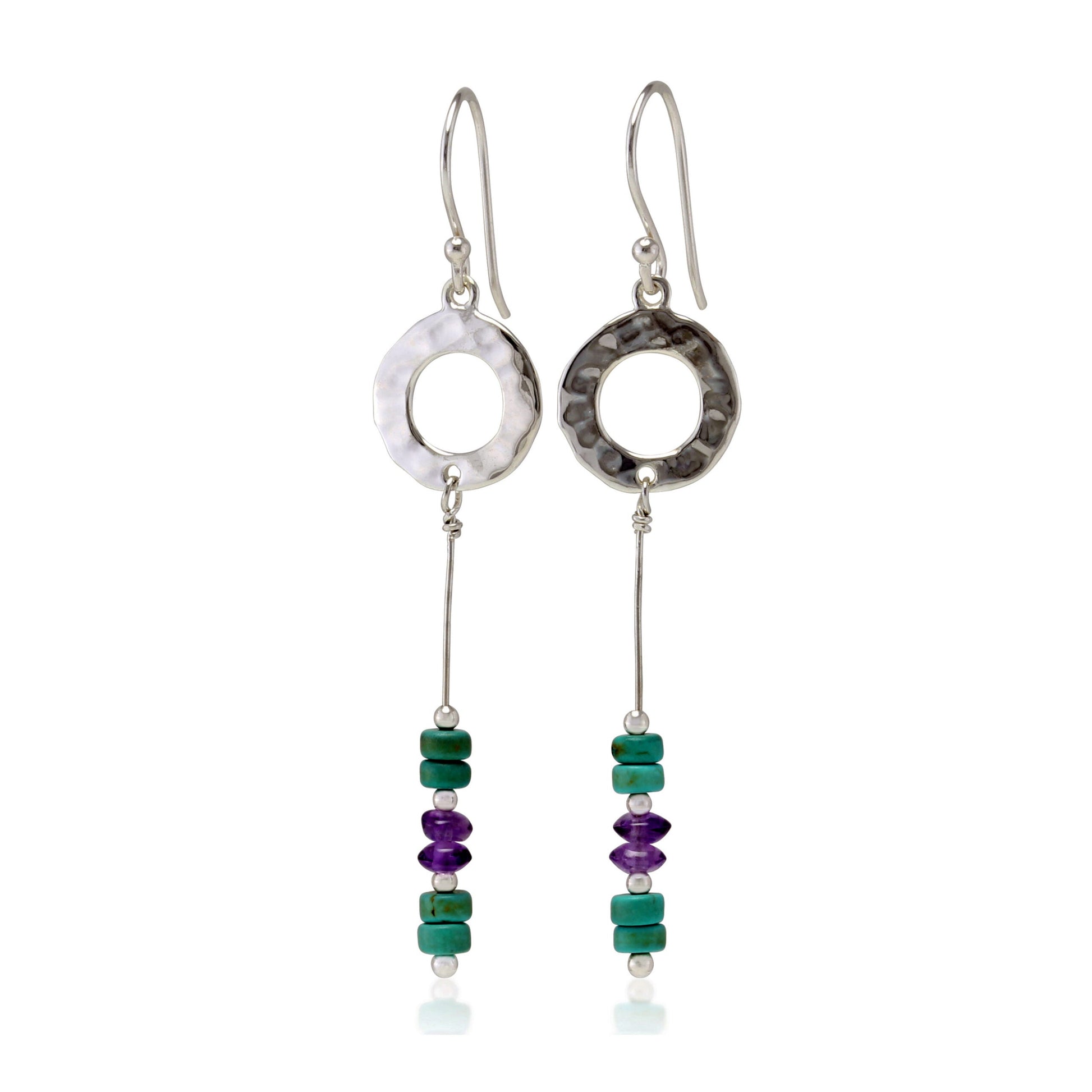 Hammered Circle Drop Earrings Turquoise & Amethyst Drop Earrings